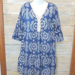 Saiph lab women blue,white tiered bell sleeve Santorini midi baroque dress large